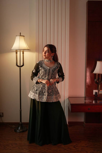 Fantastic Green Color Georgette Embroidered Top With Palazzo Set