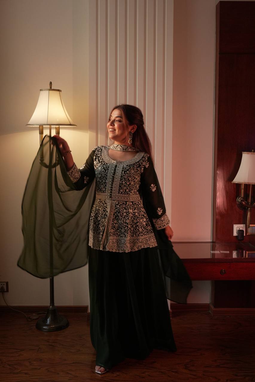 Fantastic Green Color Georgette Embroidered Top With Palazzo Set