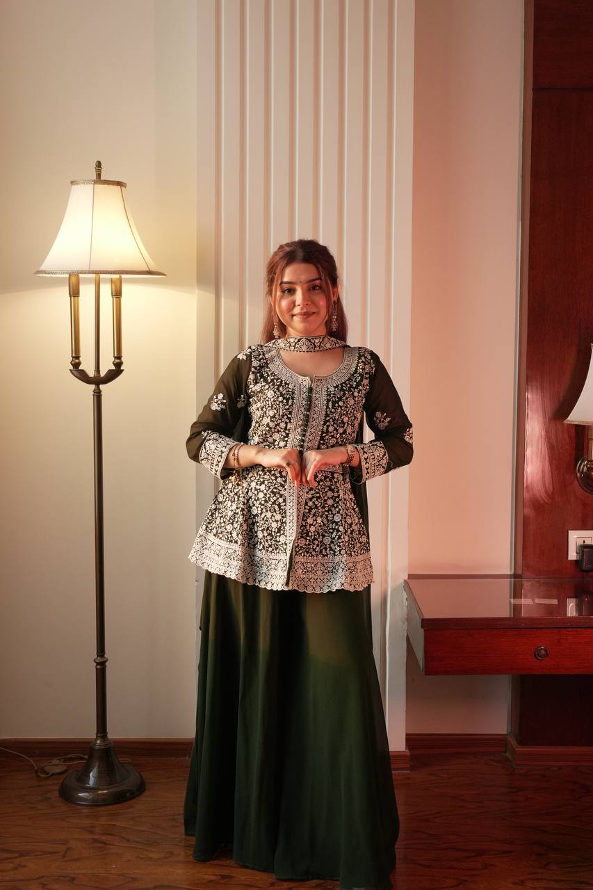 Fantastic Green Color Georgette Embroidered Top With Palazzo Set