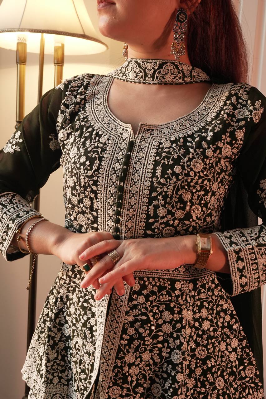Fantastic Green Color Georgette Embroidered Top With Palazzo Set