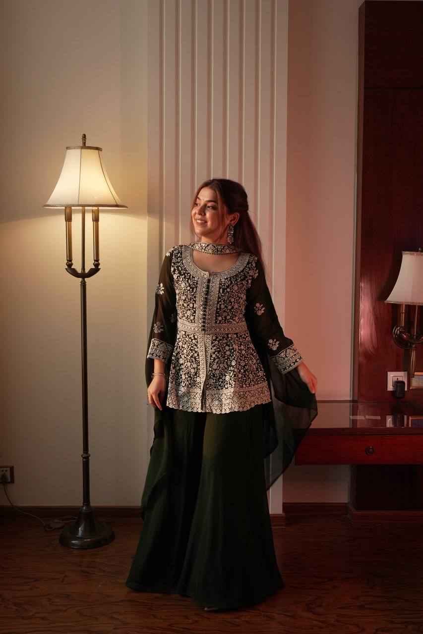 Fantastic Green Color Georgette Embroidered Top With Palazzo Set