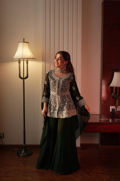 Fantastic Green Color Georgette Embroidered Top With Palazzo Set