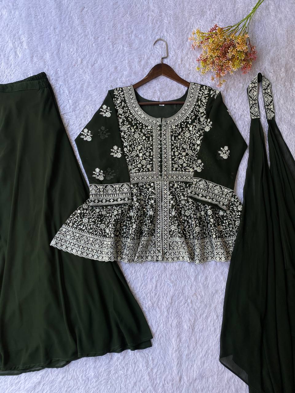 Fantastic Green Color Georgette Embroidered Top With Palazzo Set