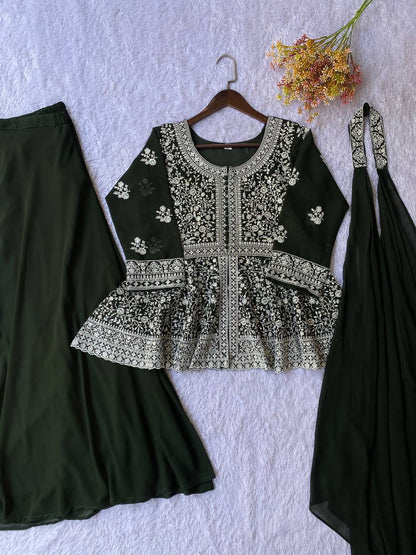 Fantastic Green Color Georgette Embroidered Top With Palazzo Set