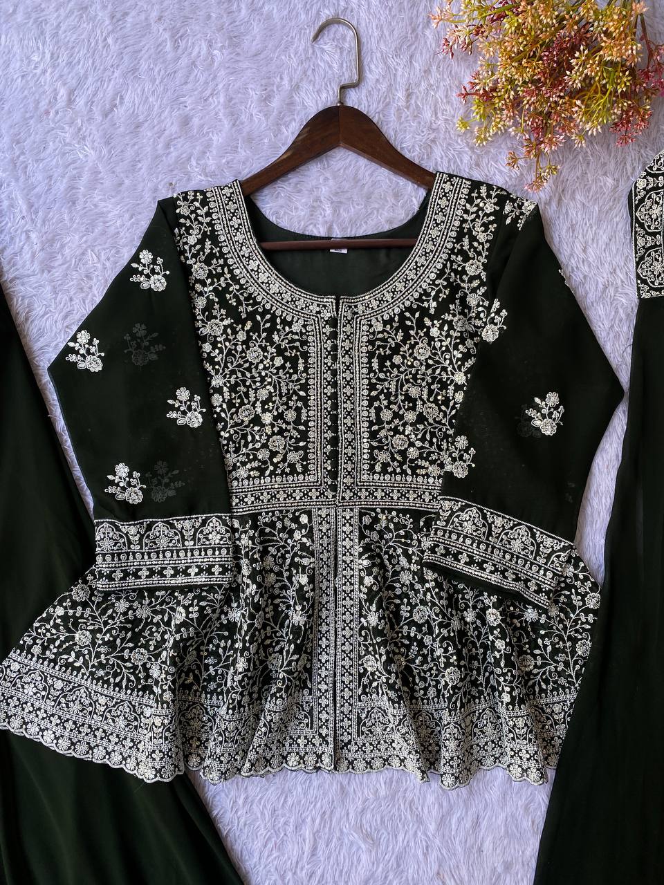Fantastic Green Color Georgette Embroidered Top With Palazzo Set