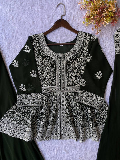 Fantastic Green Color Georgette Embroidered Top With Palazzo Set