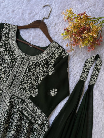Fantastic Green Color Georgette Embroidered Top With Palazzo Set