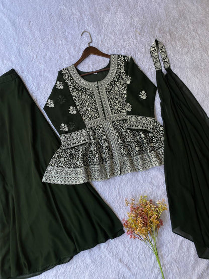 Fantastic Green Color Georgette Embroidered Top With Palazzo Set
