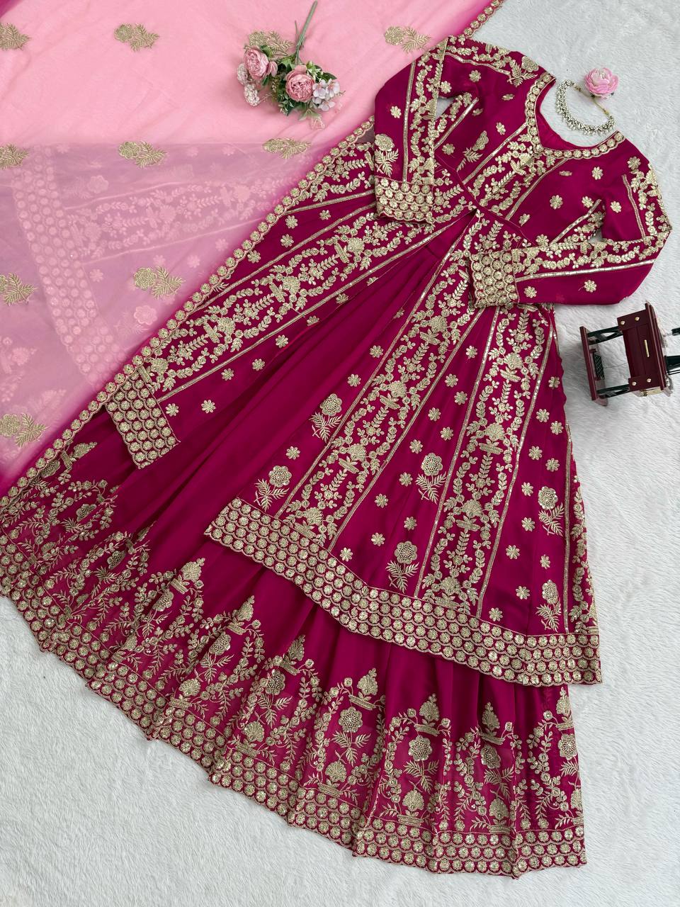 Yankita Kapoor Mulit Color Georgette Thread Work Top With Lehenga Set