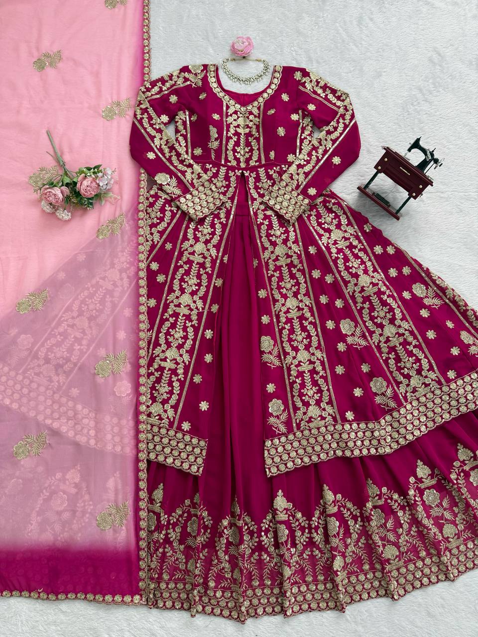 Yankita Kapoor Mulit Color Georgette Thread Work Top With Lehenga Set