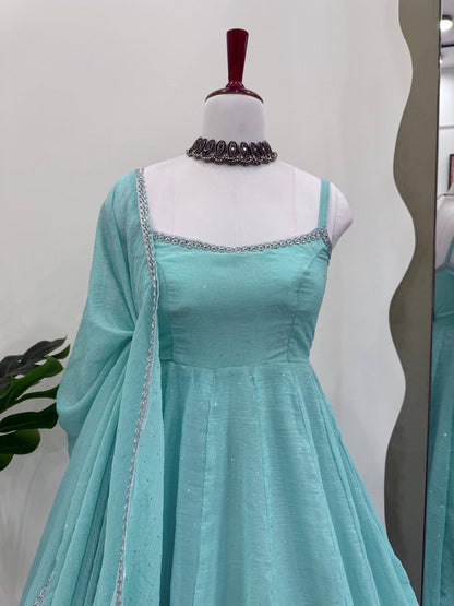 Wedding Wear Sky Blue Crunch Silk And Hot fixing Work Designer Gown
