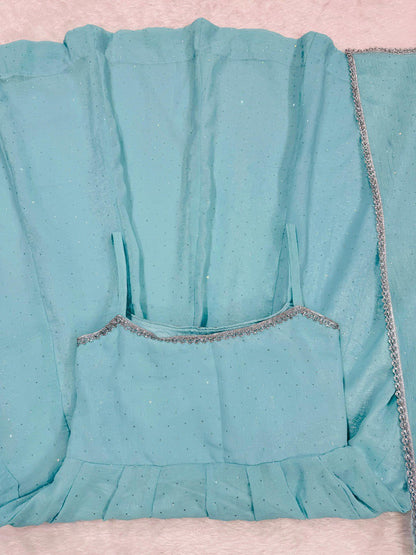 Wedding Wear Sky Blue Crunch Silk And Hot fixing Work Designer Gown