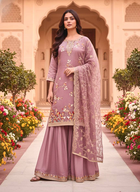 Party Wear Dusty Peach Color Silk Embroidered Plazzo Sharara Suit Set