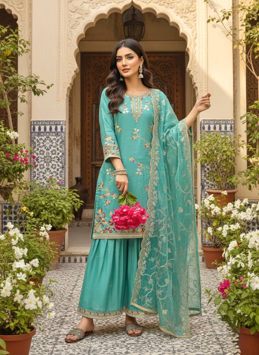 Party Wear Green Color Silk Embroidered Plazzo Sharara Suit Set