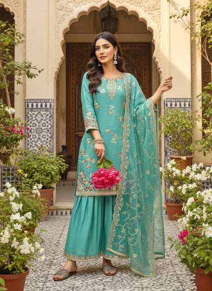 Party Wear Green Color Silk Embroidered Plazzo Sharara Suit Set
