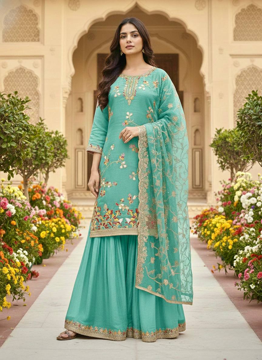 Party Wear Green Color Silk Embroidered Plazzo Sharara Suit Set