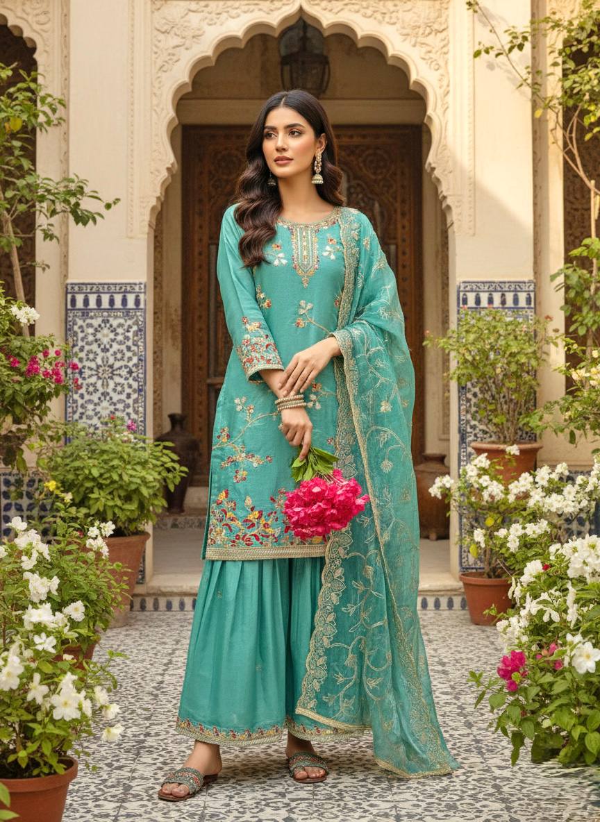 Party Wear Green Color Silk Embroidered Plazzo Sharara Suit Set