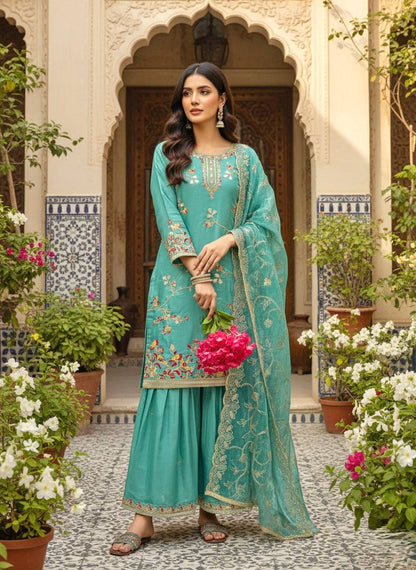 Party Wear Green Color Silk Embroidered Plazzo Sharara Suit Set