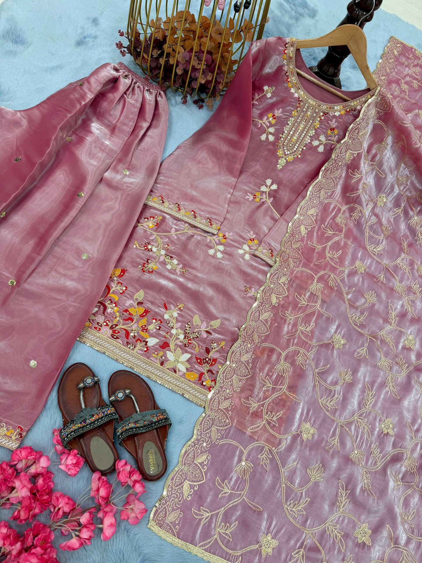 Party Wear Dusty Peach Color Silk Embroidered Plazzo Sharara Suit Set