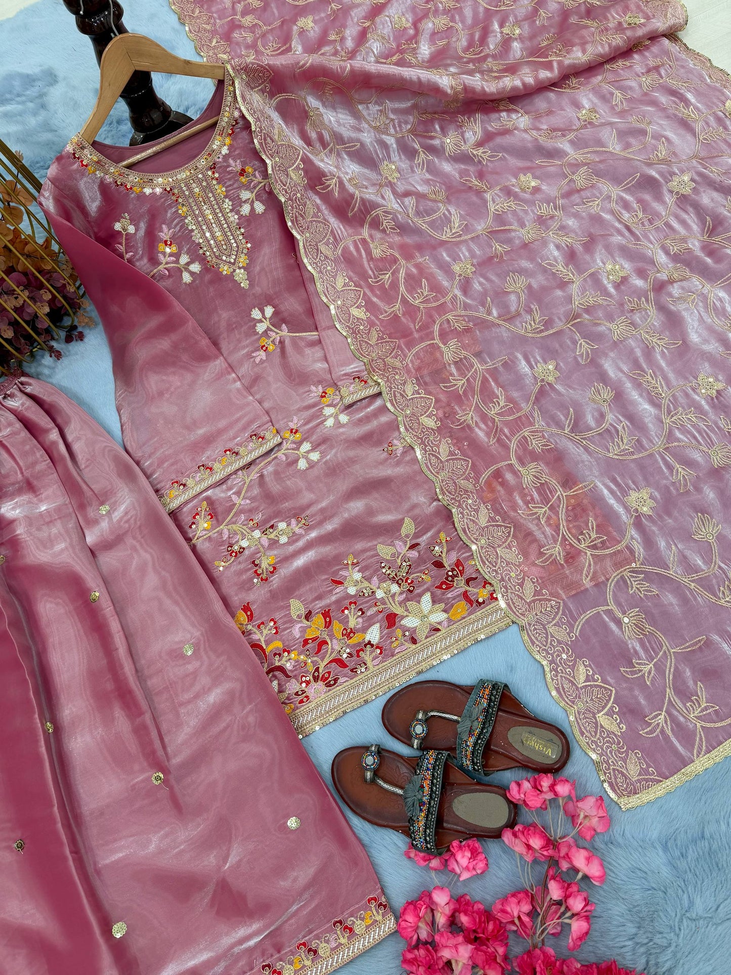 Party Wear Dusty Peach Color Silk Embroidered Plazzo Sharara Suit Set