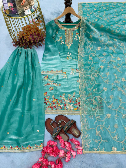 Party Wear Green Color Silk Embroidered Plazzo Sharara Suit Set