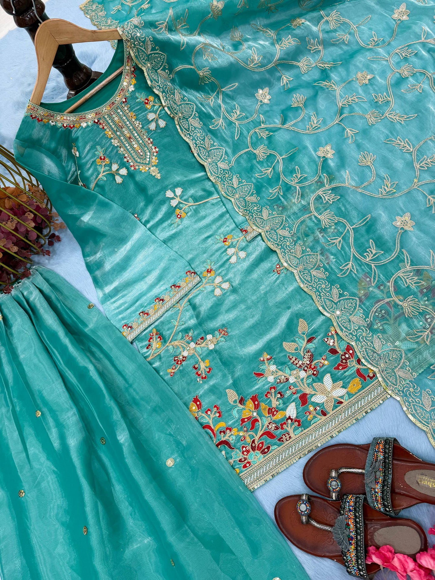 Party Wear Green Color Silk Embroidered Plazzo Sharara Suit Set