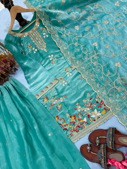 Party Wear Green Color Silk Embroidered Plazzo Sharara Suit Set