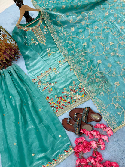 Party Wear Green Color Silk Embroidered Plazzo Sharara Suit Set