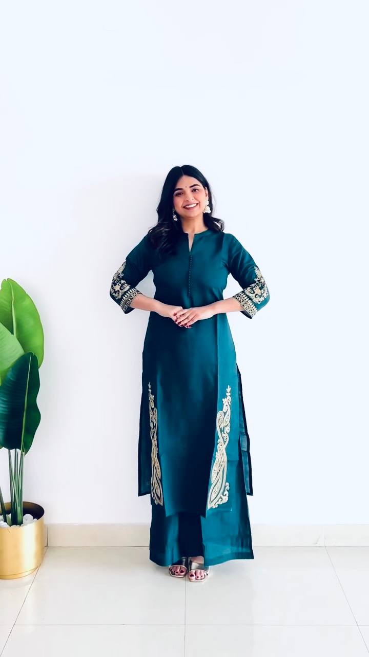 Casual Wear Teal Blue Color Heavy Roman Silk Embroidry Work Designer Palazzo Suit