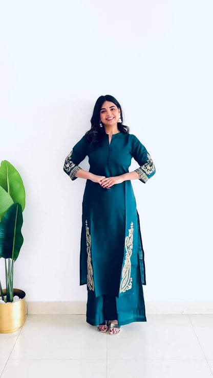 Casual Wear Teal Blue Color Heavy Roman Silk Embroidry Work Designer Palazzo Suit
