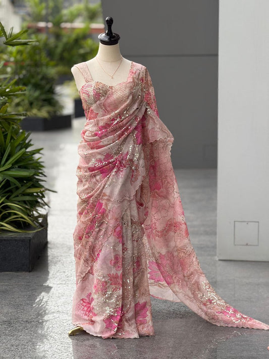 Pink Color Digital Print With Sequins Work Organza Saree With Corset Blouse