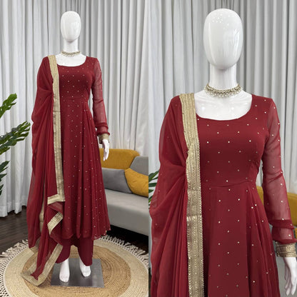 Designer Maroon Georgette Silk Gown With Palazzo And Dupatta Set