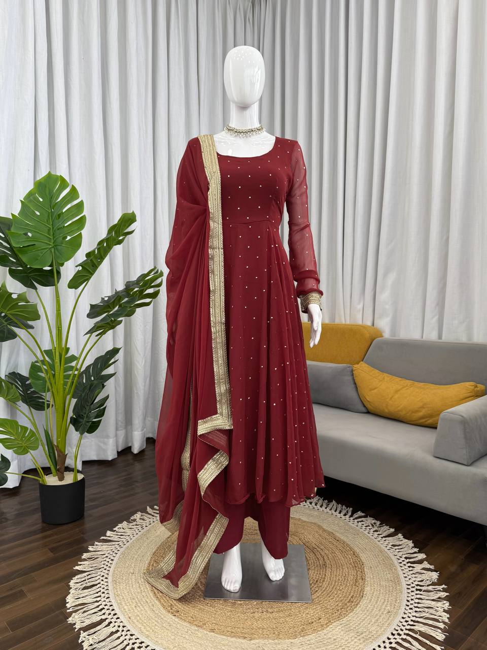 Designer Maroon Georgette Silk Gown With Palazzo And Dupatta Set