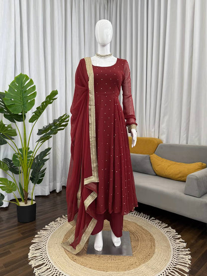 Designer Maroon Georgette Silk Gown With Palazzo And Dupatta Set