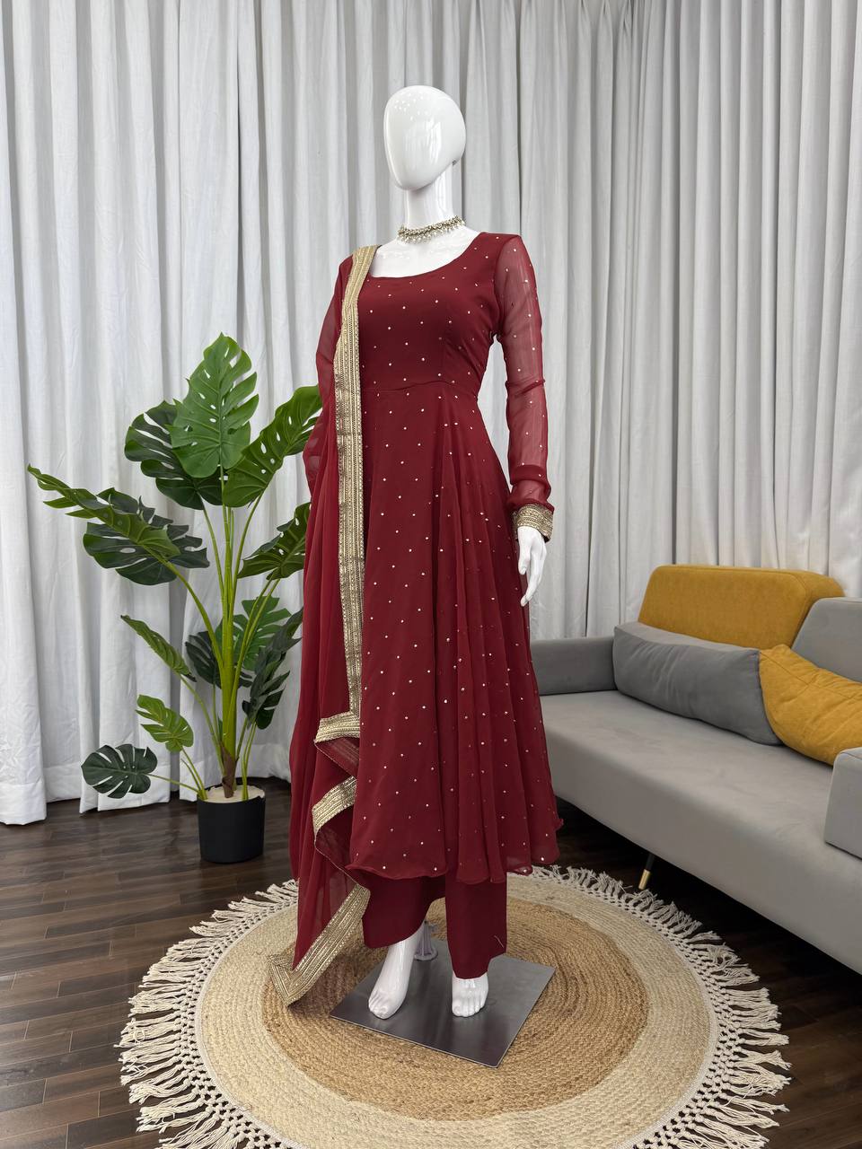 Designer Maroon Georgette Silk Gown With Palazzo And Dupatta Set