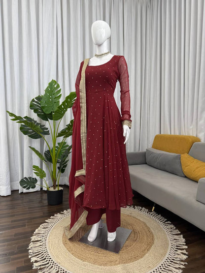 Designer Maroon Georgette Silk Gown With Palazzo And Dupatta Set