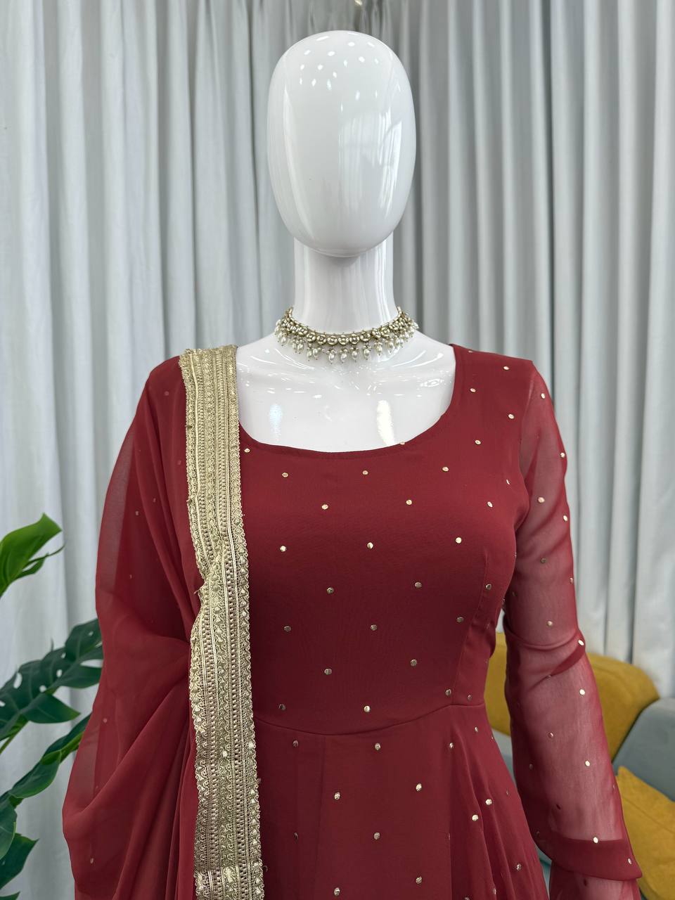 Designer Maroon Georgette Silk Gown With Palazzo And Dupatta Set