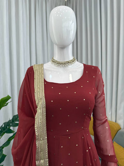 Designer Maroon Georgette Silk Gown With Palazzo And Dupatta Set