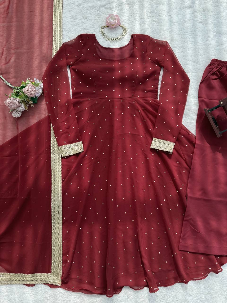 Designer Maroon Georgette Silk Gown With Palazzo And Dupatta Set