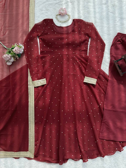 Designer Maroon Georgette Silk Gown With Palazzo And Dupatta Set