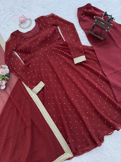 Designer Maroon Georgette Silk Gown With Palazzo And Dupatta Set
