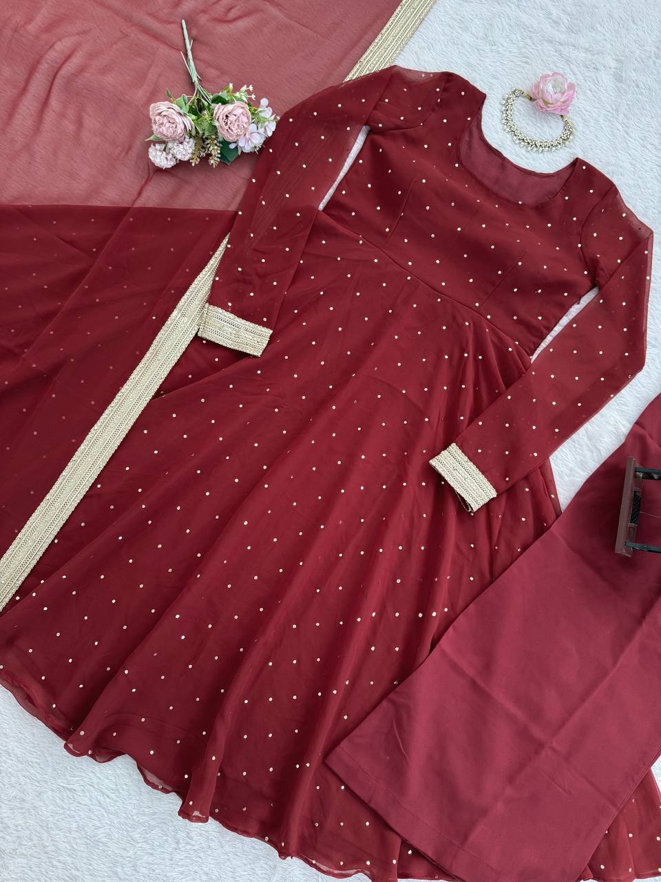 Designer Maroon Georgette Silk Gown With Palazzo And Dupatta Set