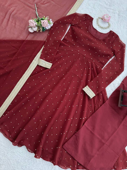 Designer Maroon Georgette Silk Gown With Palazzo And Dupatta Set
