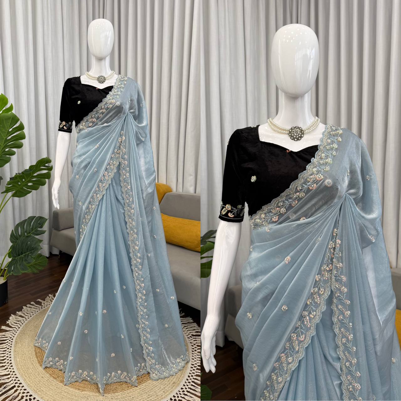 Designer Beads Work Embroidered Sky Blue Saree