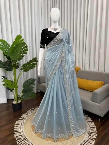 Designer Beads Work Embroidered Sky Blue Saree