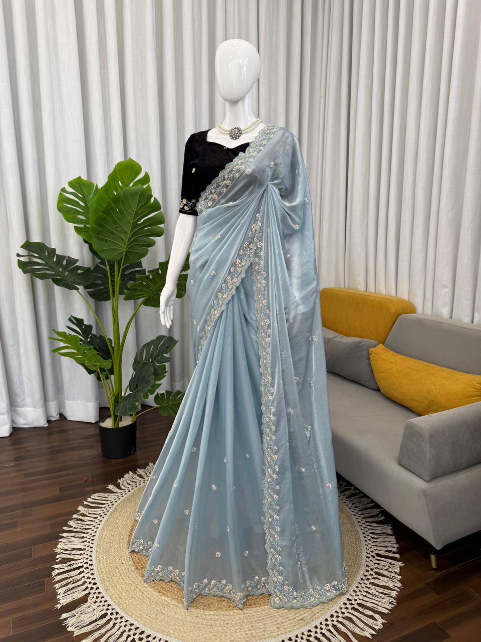 Designer Beads Work Embroidered Sky Blue Saree