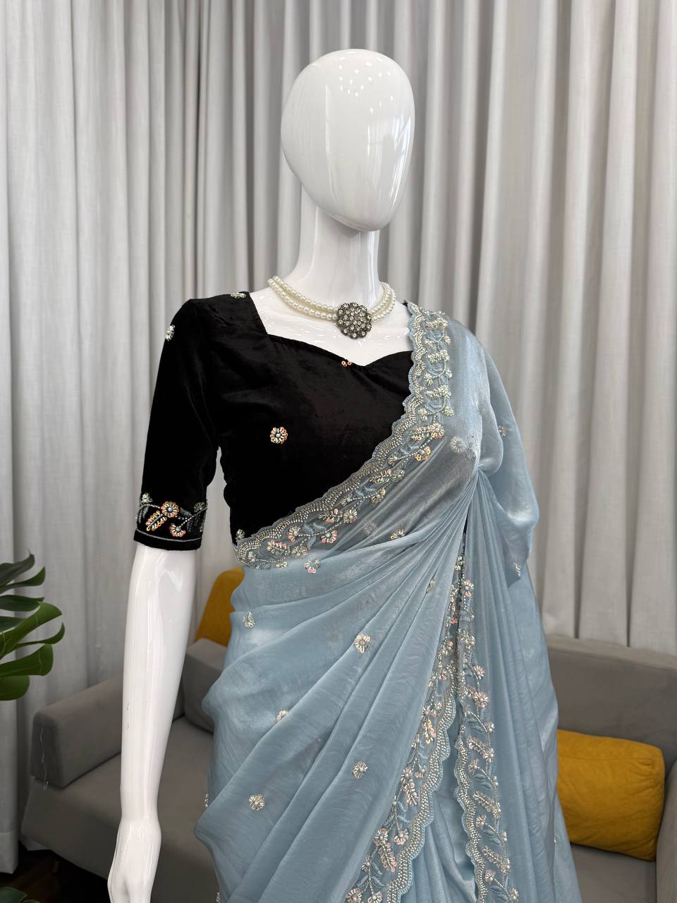Designer Beads Work Embroidered Sky Blue Saree