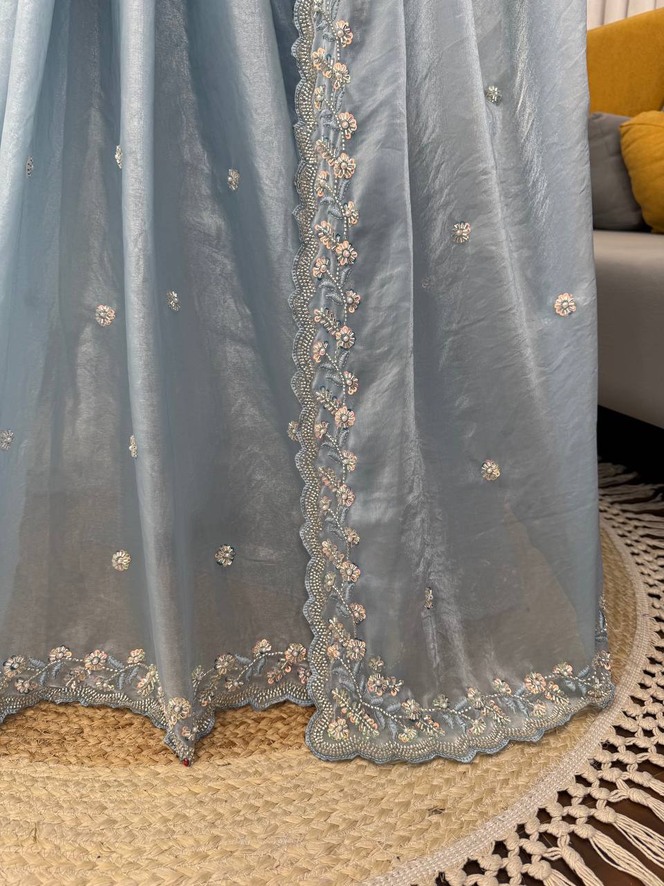 Designer Beads Work Embroidered Sky Blue Saree