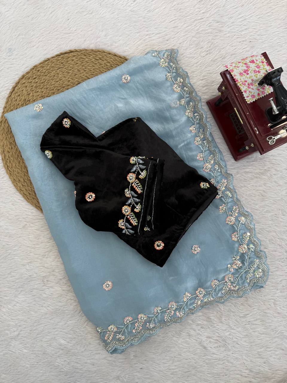 Designer Beads Work Embroidered Sky Blue Saree