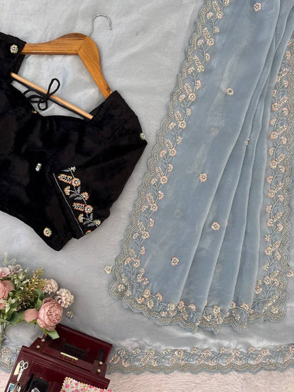 Designer Beads Work Embroidered Sky Blue Saree